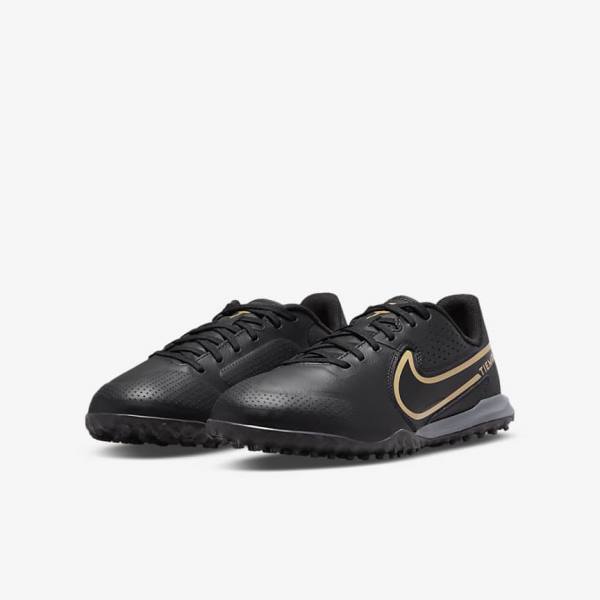 Black / Dark Grey / Metal Gold / Black Nike Jr. Tiempo Legend 9 Academy TF Older Turf Kids' Football Shoes | NK506EMQ