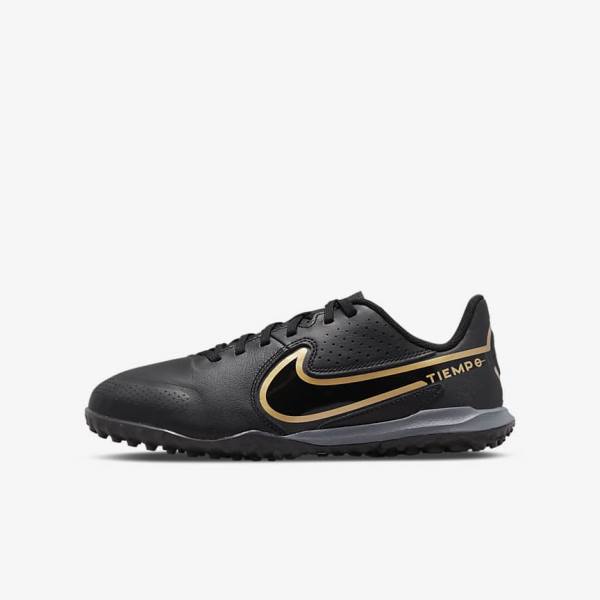 Black / Dark Grey / Metal Gold / Black Nike Jr. Tiempo Legend 9 Academy TF Older Turf Kids\' Football Shoes | NK506EMQ