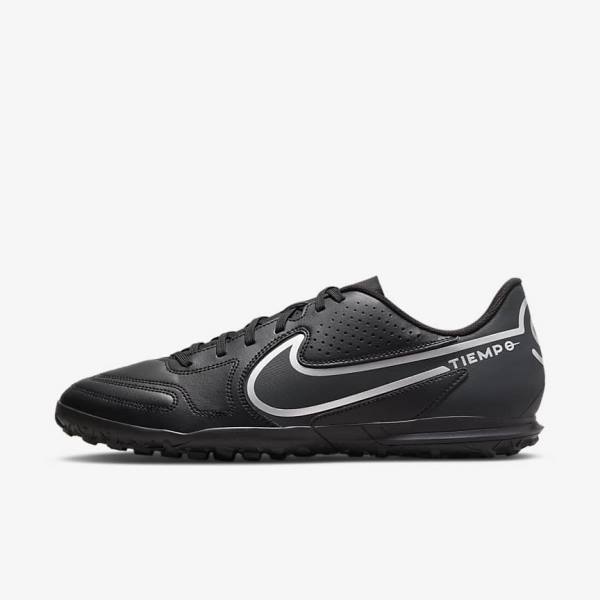 Black / Dark Grey Nike Tiempo Legend 9 Club TF Turf Men\'s Football Shoes | NK293ANV