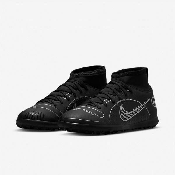 Black / Grey / Metal Silver Nike Jr. Mercurial Superfly 8 Club TF Older Turf Kids' Football Shoes | NK139TSG