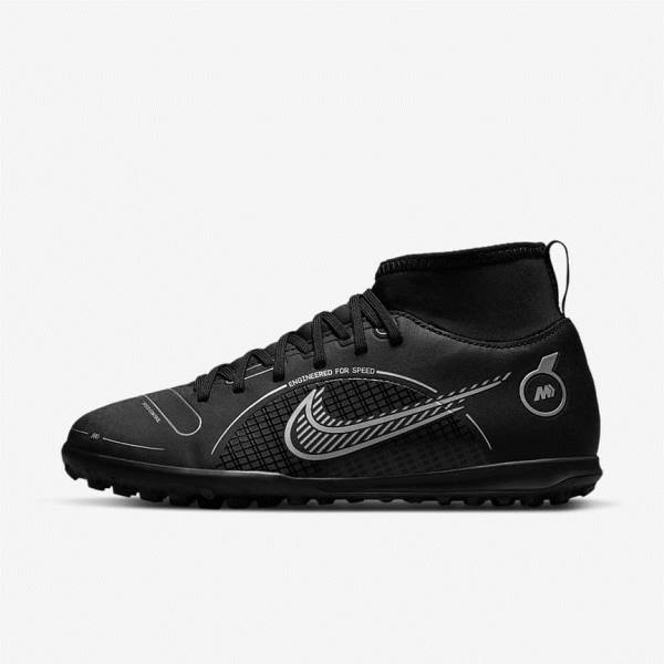 Black / Grey / Metal Silver Nike Jr. Mercurial Superfly 8 Club TF Older Turf Kids\' Football Shoes | NK139TSG