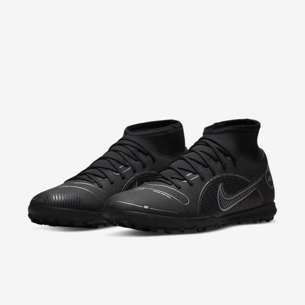 Black / Grey / Metal Silver Nike Mercurial Superfly 8 Club TF Turf Women's Football Shoes | NK351JIR