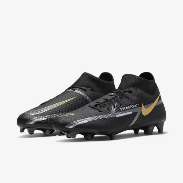 Black / Metal Gold / Dark Grey / Metal Dark Grey Nike Phantom GT2 Academy Dynamic Fit MG Multi-Ground Men's Football Shoes | NK381RHG