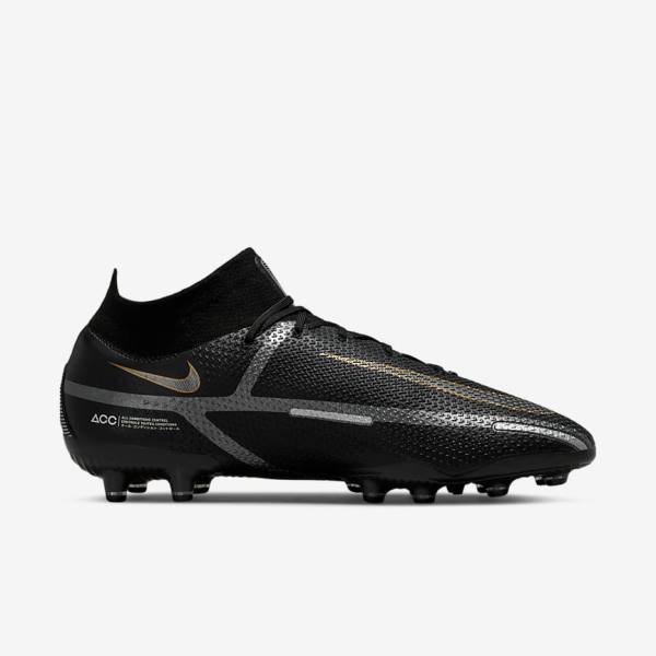 Black / Metal Gold / Metal Silver / Metal Dark Grey Nike Phantom GT2 Dynamic Fit Elite AG-Pro Artificial-Grass Men's Football Shoes | NK476KAH