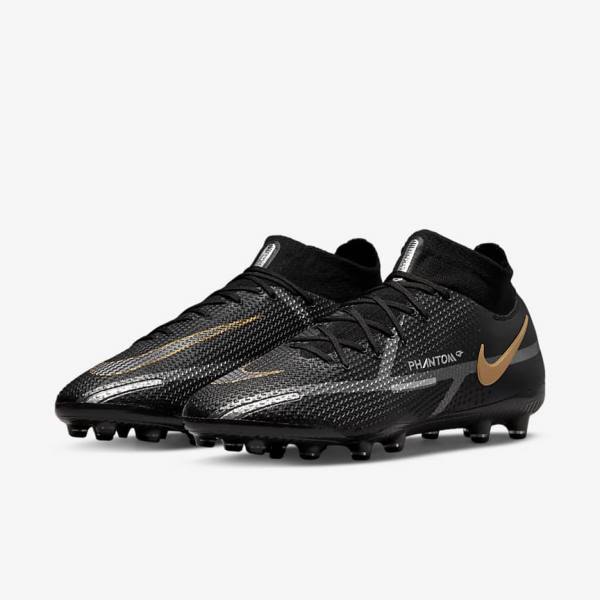 Black / Metal Gold / Metal Silver / Metal Dark Grey Nike Phantom GT2 Dynamic Fit Elite AG-Pro Artificial-Grass Men's Football Shoes | NK476KAH