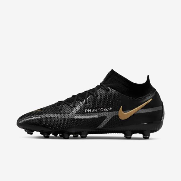 Black / Metal Gold / Metal Silver / Metal Dark Grey Nike Phantom GT2 Dynamic Fit Elite AG-Pro Artificial-Grass Men\'s Football Shoes | NK476KAH