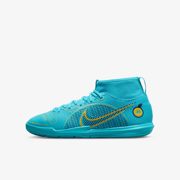 Blue / Orange Nike Jr. Mercurial Superfly 8 Academy IC Younger and Older Indoor Court Kids\' Football Shoes | NK946FRQ