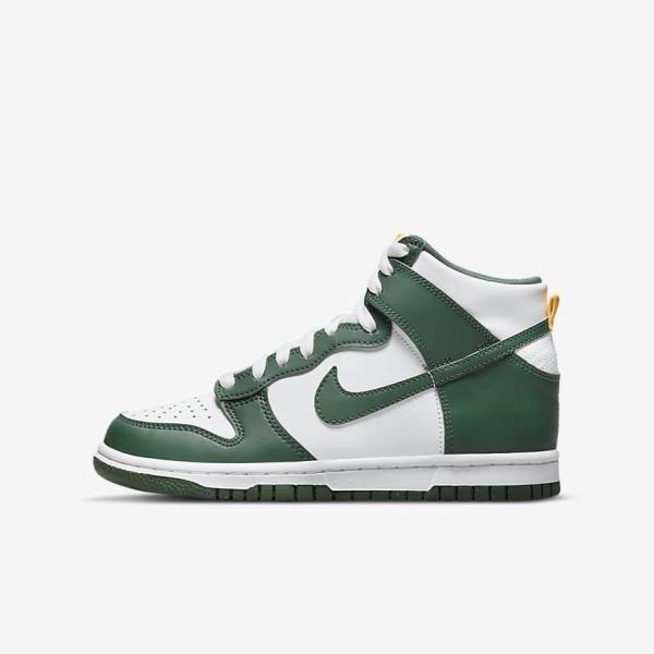 Green / Gold / White Nike Dunk High Older Kids\' Sneakers | NK187SDZ