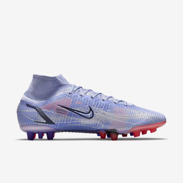 Indigo / Light Red / Metal Silver Nike Mercurial Superfly 8 Elite KM AG Artificial-Grass Men's Football Shoes | NK074MOC