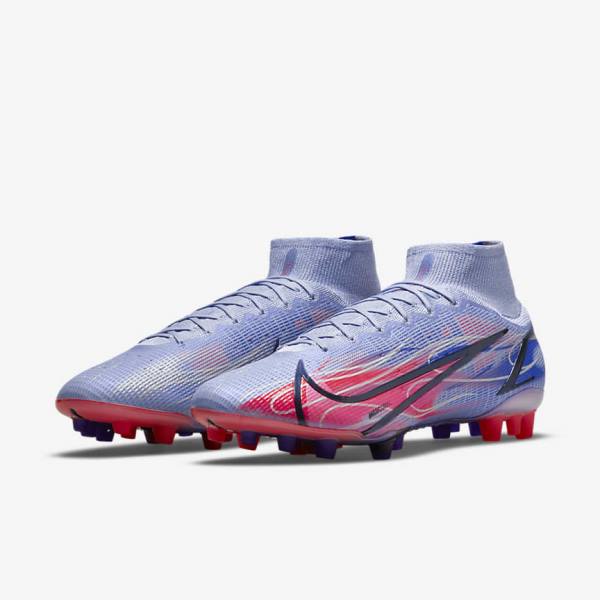 Indigo / Light Red / Metal Silver Nike Mercurial Superfly 8 Elite KM AG Artificial-Grass Men's Football Shoes | NK074MOC