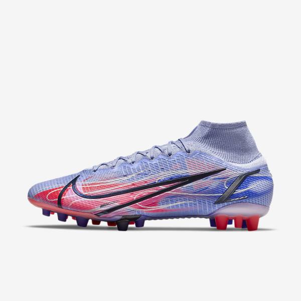 Indigo / Light Red / Metal Silver Nike Mercurial Superfly 8 Elite KM AG Artificial-Grass Men\'s Football Shoes | NK074MOC