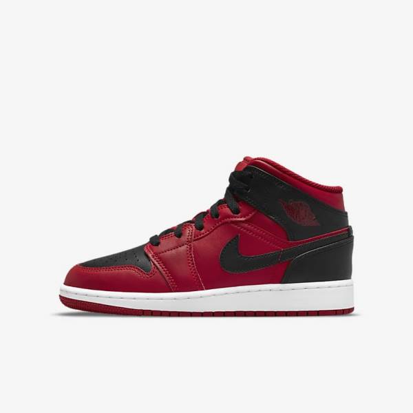 Red / White / Black Nike Air Jordan 1 Mid Older Kids\' Sneakers | NK176PZN