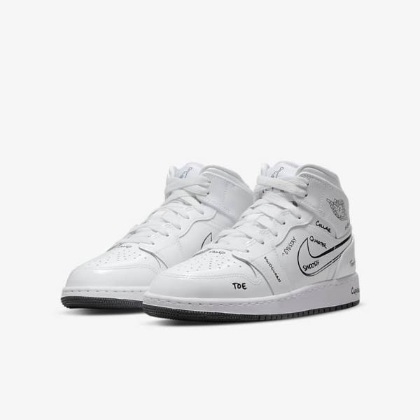 White / Black Nike Air Jordan 1 Mid Older Kids' Jordan Shoes | NK782PST