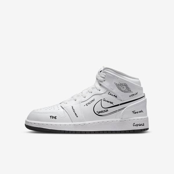 White / Black Nike Air Jordan 1 Mid Older Kids\' Jordan Shoes | NK782PST