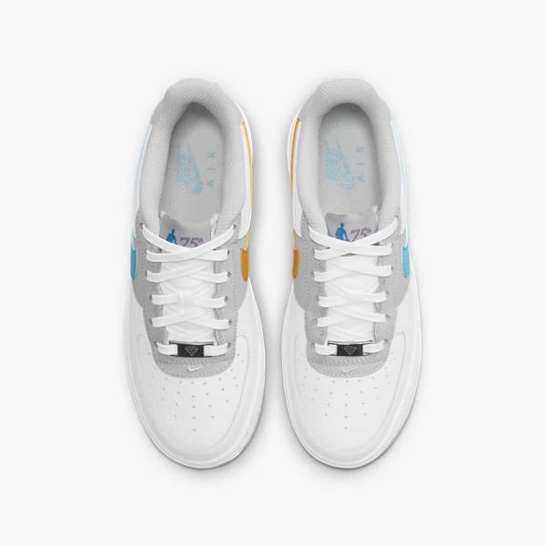 White / Grey / Turquoise Blue Nike Air Force 1 EMB Older Kids' Sneakers | NK805REF