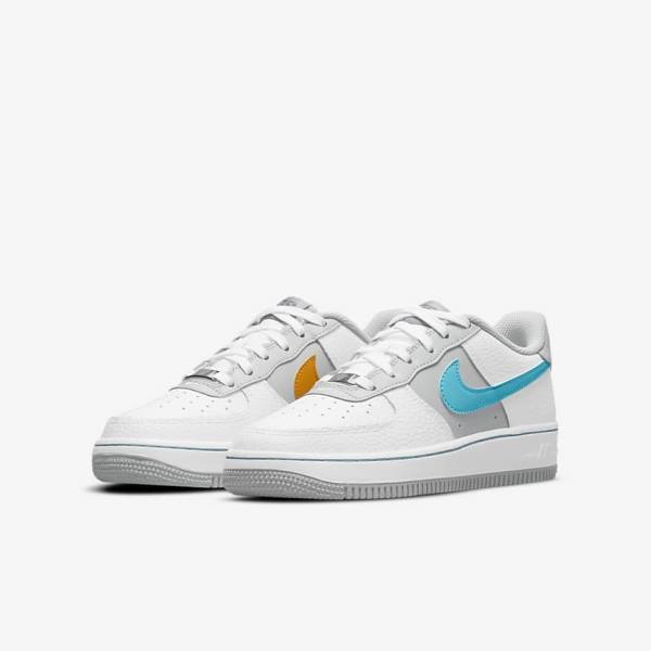 White / Grey / Turquoise Blue Nike Air Force 1 EMB Older Kids' Sneakers | NK805REF