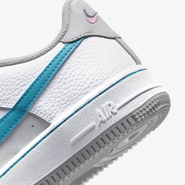 White / Grey / Turquoise Blue Nike Air Force 1 EMB Older Kids' Sneakers | NK805REF