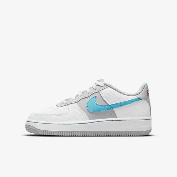 White / Grey / Turquoise Blue Nike Air Force 1 EMB Older Kids\' Sneakers | NK805REF