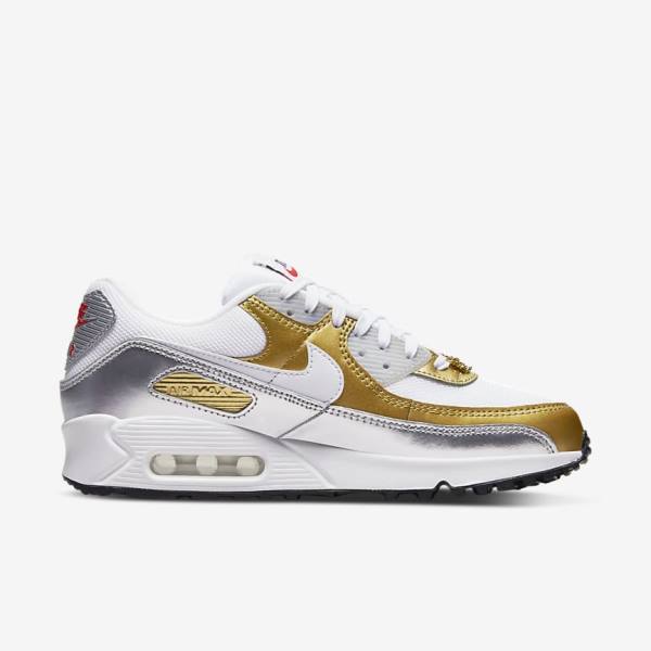 White / Metal Gold / Metal Silver / White Nike Air Max 90 SE Women's Sneakers | NK750MKS