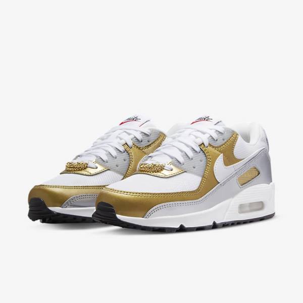 White / Metal Gold / Metal Silver / White Nike Air Max 90 SE Women's Sneakers | NK750MKS