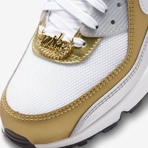 White / Metal Gold / Metal Silver / White Nike Air Max 90 SE Women's Sneakers | NK750MKS