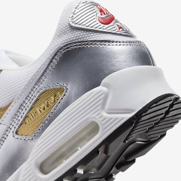 White / Metal Gold / Metal Silver / White Nike Air Max 90 SE Women's Sneakers | NK750MKS