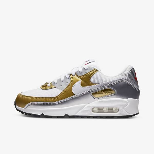 White / Metal Gold / Metal Silver / White Nike Air Max 90 SE Women\'s Sneakers | NK750MKS