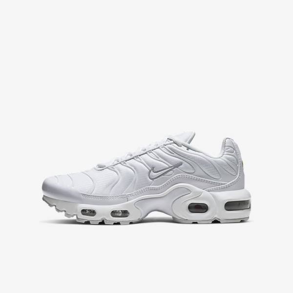 White / Metal Silver / White Nike Air Max Plus Older Kids\' Sneakers | NK741HBR