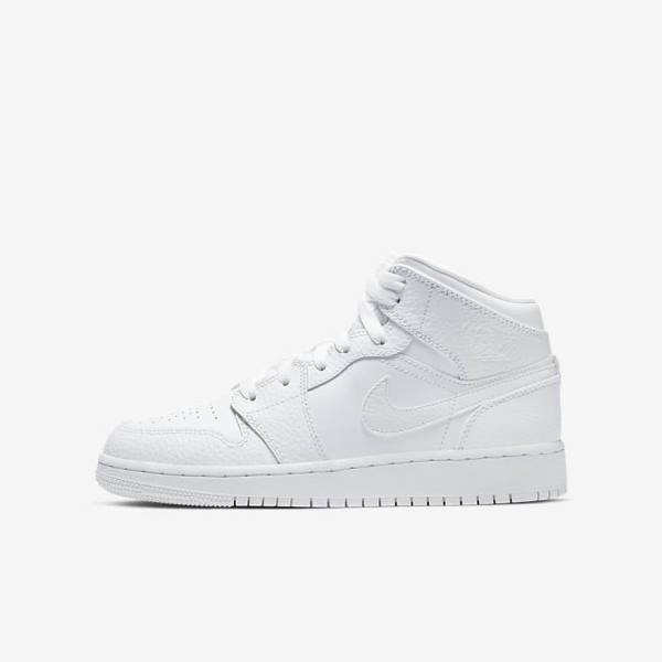 White Nike Air Jordan 1 Mid Older Kids\' Sneakers | NK093JQO