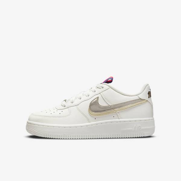 White / Pink / Metal Blue Grey Nike Air Force 1 LV8 Older Kids\' Sneakers | NK358XGQ