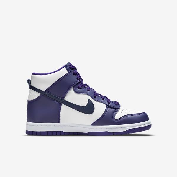 White / Purple / Navy Nike Dunk High Older Kids' Sneakers | NK564RJW