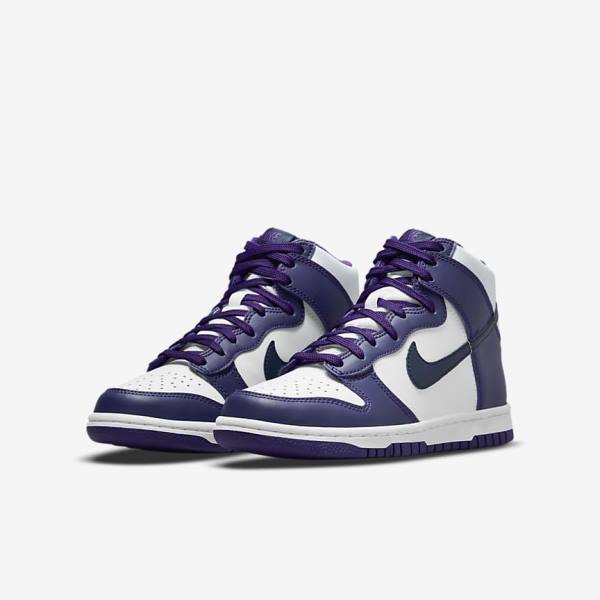 White / Purple / Navy Nike Dunk High Older Kids' Sneakers | NK564RJW