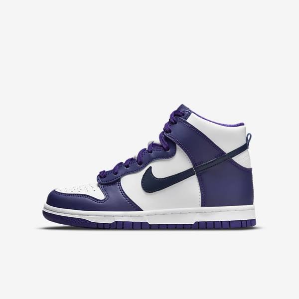 White / Purple / Navy Nike Dunk High Older Kids\' Sneakers | NK564RJW