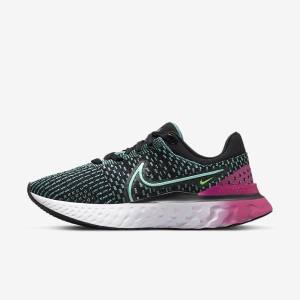 Black / Pink / Turquoise / Turquoise Nike React Infinity Run Flyknit 3 Road Women's Running Shoes | NK376NOD