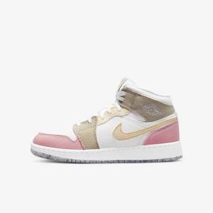 White / Green Nike Air Jordan 1 Mid SE Older Kids' Sneakers | NK830GHF