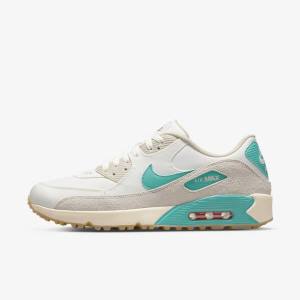 White / Light Brown / Turquoise Nike Air Max 90 G Men's Golf Shoes | NK027KHL