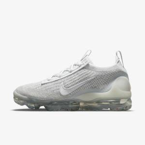 White / Platinum / Metal Silver / White Nike Air VaporMax 2021 FK Women's Sneakers | NK534ONB