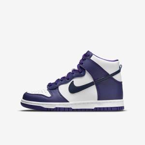 White / Purple / Navy Nike Dunk High Older Kids' Sneakers | NK564RJW